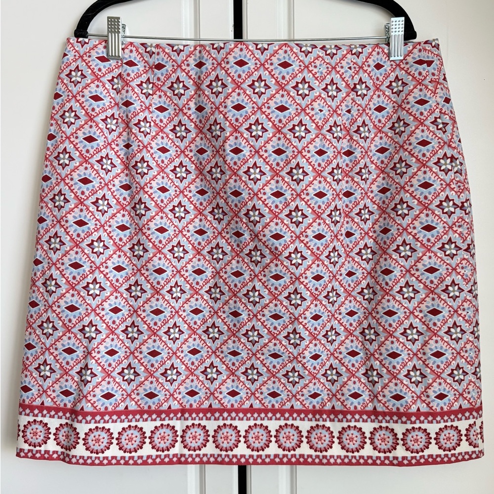 Talbots 16 Classic A-Line Skirt Red Blue Geo Print Cotton Stretch Lined